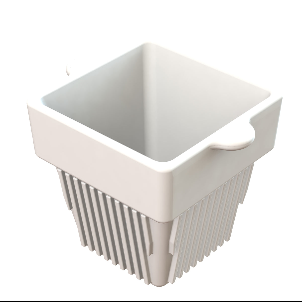 A white, square plastic container with a deep interior, ribbed sides, and two small handles on opposite edges. The bottom half features vertical slats like a strainer or colander—perfect as a convenient condiment bowl. Set on a white background.