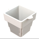 A white, square plastic container with a deep interior, ribbed sides, and two small handles on opposite edges. The bottom half features vertical slats like a strainer or colander—perfect as a convenient condiment bowl. Set on a white background.