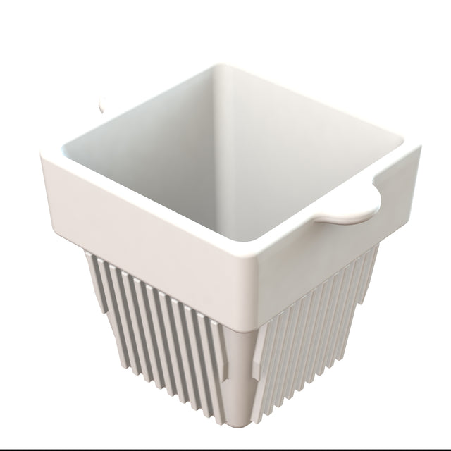 A white, square plastic container with a deep interior, ribbed sides, and two small handles on opposite edges. The bottom half features vertical slats like a strainer or colander—perfect as a convenient condiment bowl. Set on a white background.