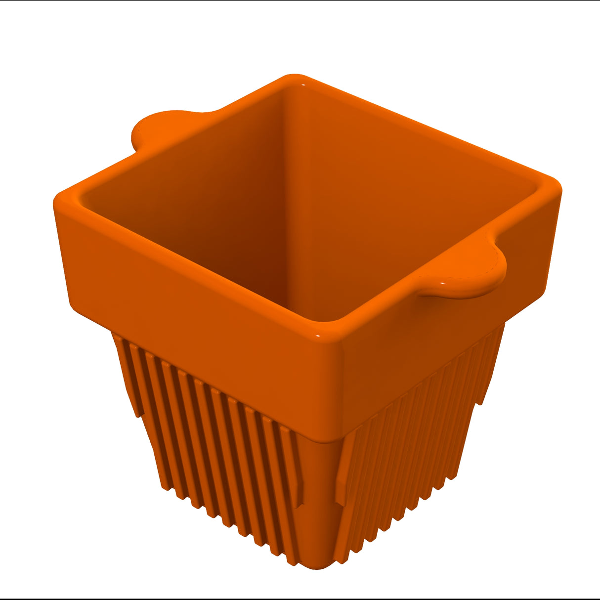 A bright orange, square plastic container with two rounded side handles and a deep, vertically ribbed base—ideal for cold holding condiments. The condiment bowl appears empty and is shown against a white background.