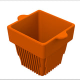 A bright orange, square plastic container with two rounded side handles and a deep, vertically ribbed base—ideal for cold holding condiments. The condiment bowl appears empty and is shown against a white background.