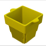 A yellow, square-shaped plastic condiment bowl with two small curved handles on opposite sides and vertical ridges running down the lower half, viewed from above at an angle on a white background.