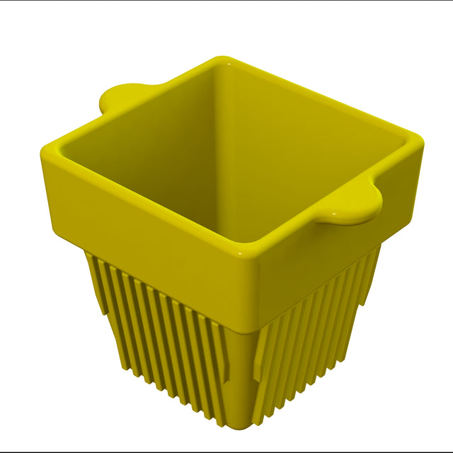 A yellow, square-shaped plastic condiment bowl with two small curved handles on opposite sides and vertical ridges running down the lower half, viewed from above at an angle on a white background.