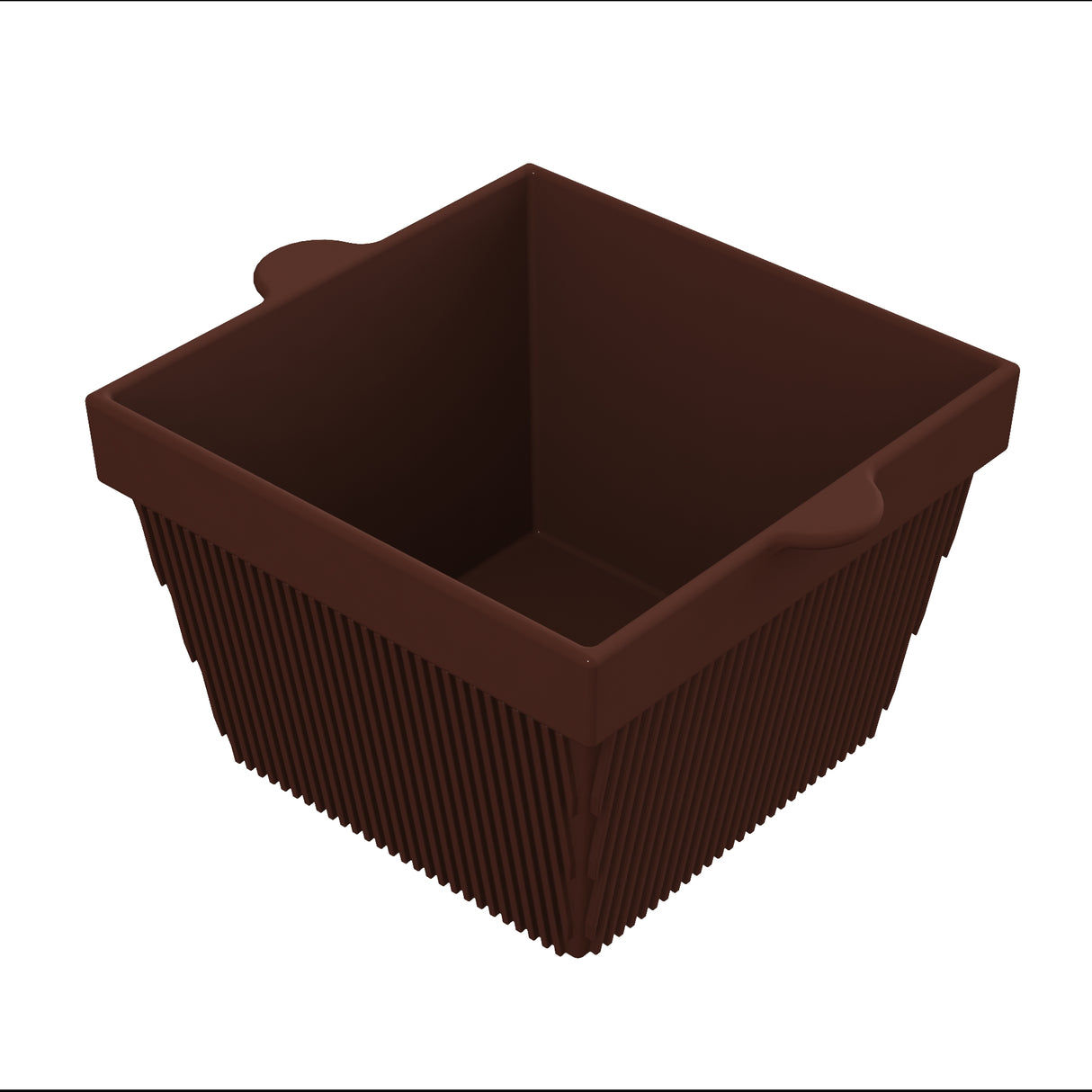 A brown, square-shaped silicone baking mold with ribbed sides and two small handles on opposite edges. The mold, shown empty against a white background, offers versatility much like a cold holding bowl for your baking needs.
