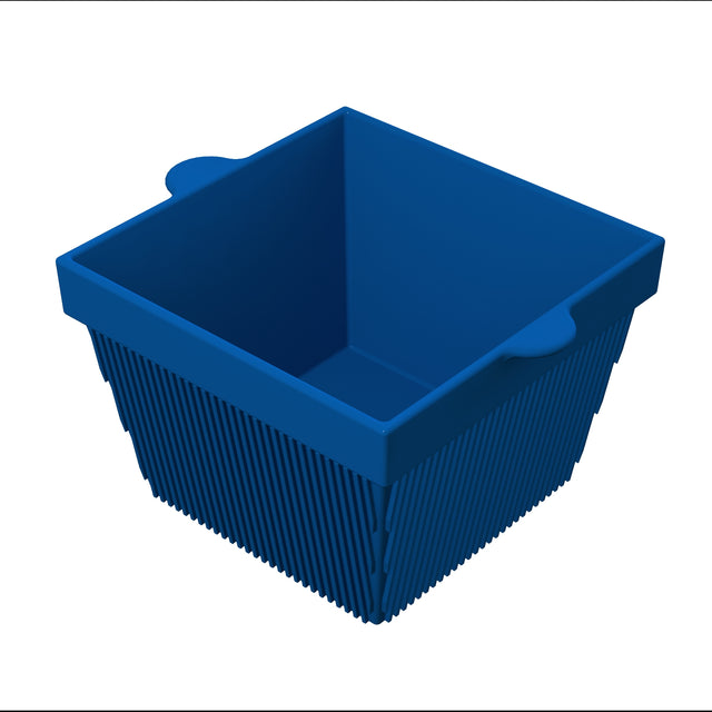 A blue, square-shaped plastic basket with vertical slits on the sides and two small handles on opposite edges, shown against a white background. The sturdy, modern design pairs well with a cold holding bowl for organized kitchen storage.