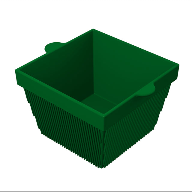 A green, square-shaped plastic basket with vertical slits on its sides and two small handles on opposite edges. Perfect alongside a dishwasher safe bowl, it sits on a white background with its depth and structure clearly visible.