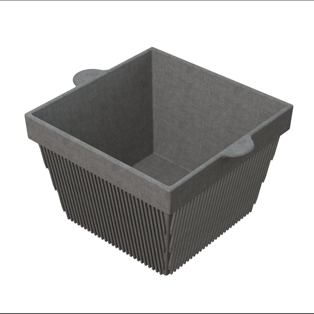 A gray, square-shaped Duracoat cast aluminum basket with textured, ribbed sides and two small flat handles sits on a white background. The interior and rim have a smooth finish, contrasting with the vertically grooved exterior.
