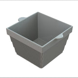 A square, light gray plastic cold holding container with vertical ridges on the sides and two small, curved handles on opposite edges of the rim. The smooth, spacious bowl sits on a plain white background.