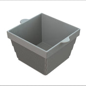 A square, light gray plastic cold holding container with vertical ridges on the sides and two small, curved handles on opposite edges of the rim. The smooth, spacious bowl sits on a plain white background.