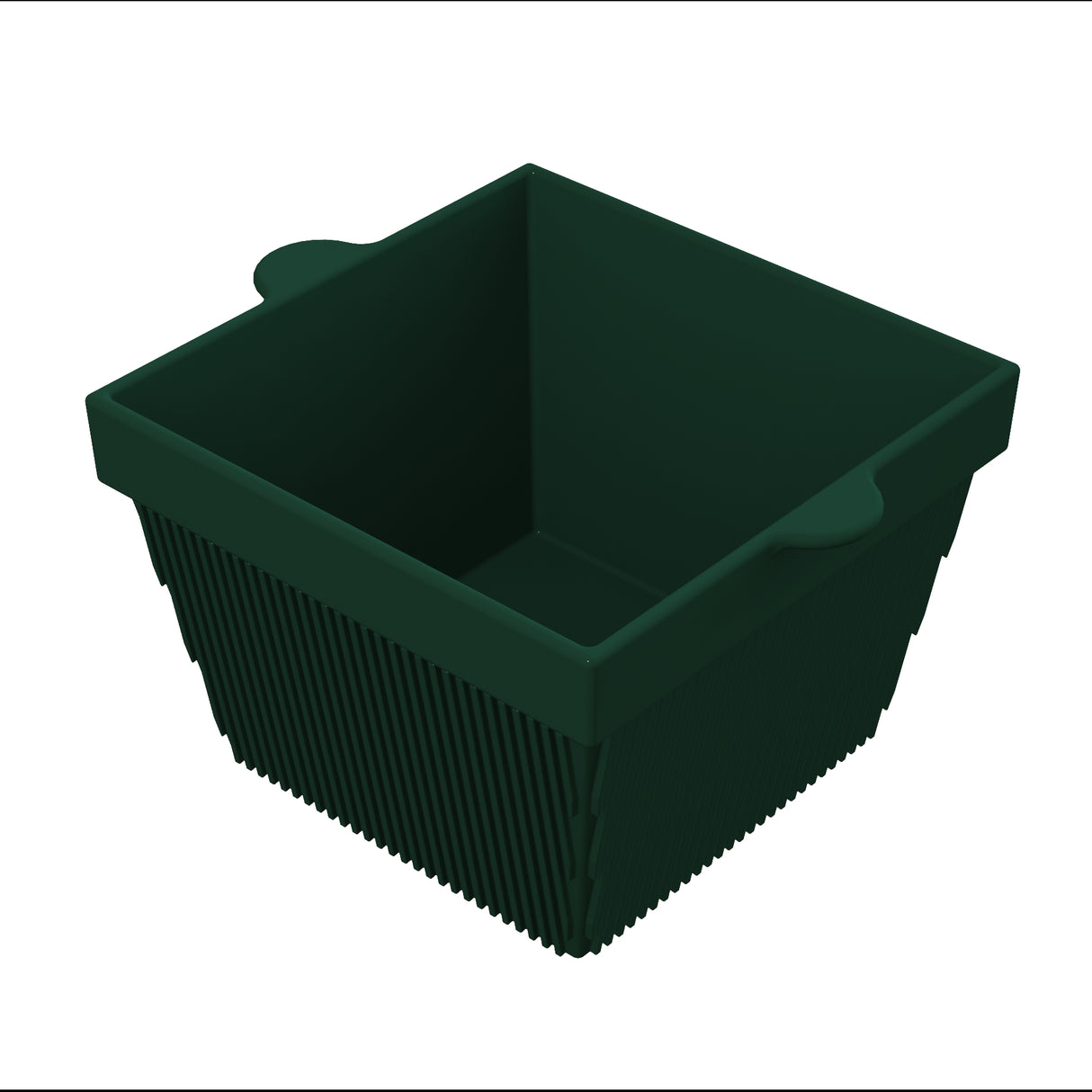 A dark green, square-shaped basket with small side handles and vertical ridges along its sides. This dishwasher safe bowl has an open top and is displayed against a plain white background.