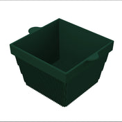 A dark green, square-shaped basket with small side handles and vertical ridges along its sides. This dishwasher safe bowl has an open top and is displayed against a plain white background.