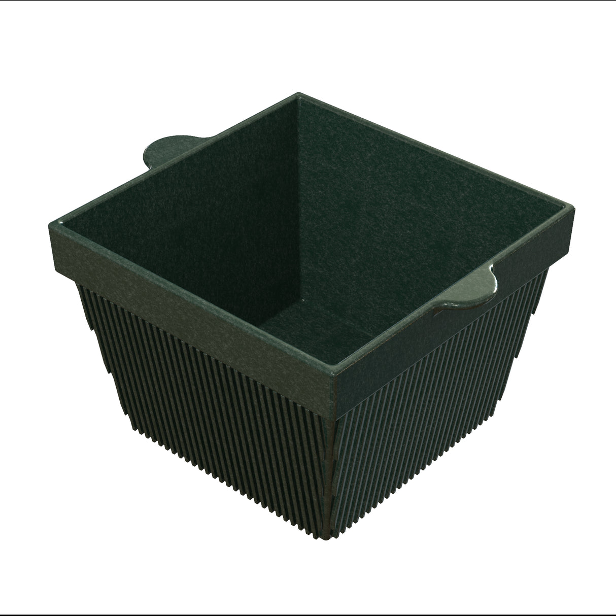 A dark green, square-shaped cast aluminum bowl with a ribbed exterior and two small handles on opposite sides. The basket has straight sides that angle outward toward the top, a flat open interior, and a textured, sturdy surface.