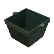 A dark green, square-shaped cast aluminum bowl with a ribbed exterior and two small handles on opposite sides. The basket has straight sides that angle outward toward the top, a flat open interior, and a textured, sturdy surface.