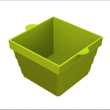 A square green plastic container with two small handles and vertical ridges along the outer lower half, this cold holding bowl is empty and sits against a plain white background.