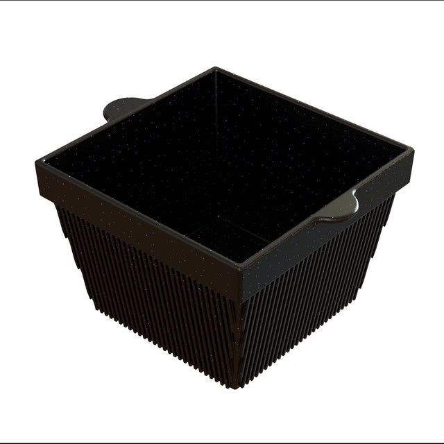 A black, square-shaped cast aluminum bowl with vertical slats along the sides and two small handles on opposite edges. The interior and exterior appear slightly speckled, and the container is empty against a white background.