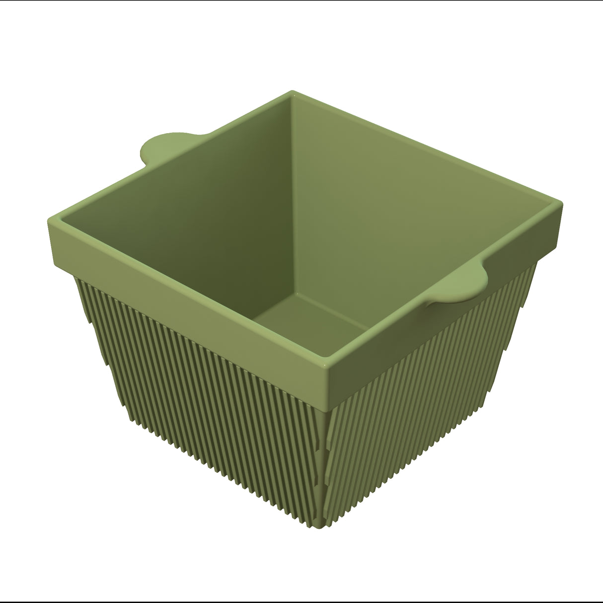 A square, olive-green silicone basket with straight sides, two small handles, and flexible vertical ridges. The empty basket is isolated on a white background—perfect as a dishwasher safe bowl for easy cleaning and versatile use.