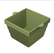 A square, olive-green silicone basket with straight sides, two small handles, and flexible vertical ridges. The empty basket is isolated on a white background—perfect as a dishwasher safe bowl for easy cleaning and versatile use.