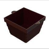 A brown, square cast aluminum bowl with vertical ridges on the sides and two small flat handles on opposite edges, set against a white background. The container appears empty and has a modern, geometric design.