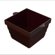 A brown, square cast aluminum bowl with vertical ridges on the sides and two small flat handles on opposite edges, set against a white background. The container appears empty and has a modern, geometric design.