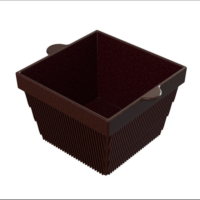 A brown, square cast aluminum bowl with vertical ridges on the sides and two small flat handles on opposite edges, set against a white background. The container appears empty and has a modern, geometric design.