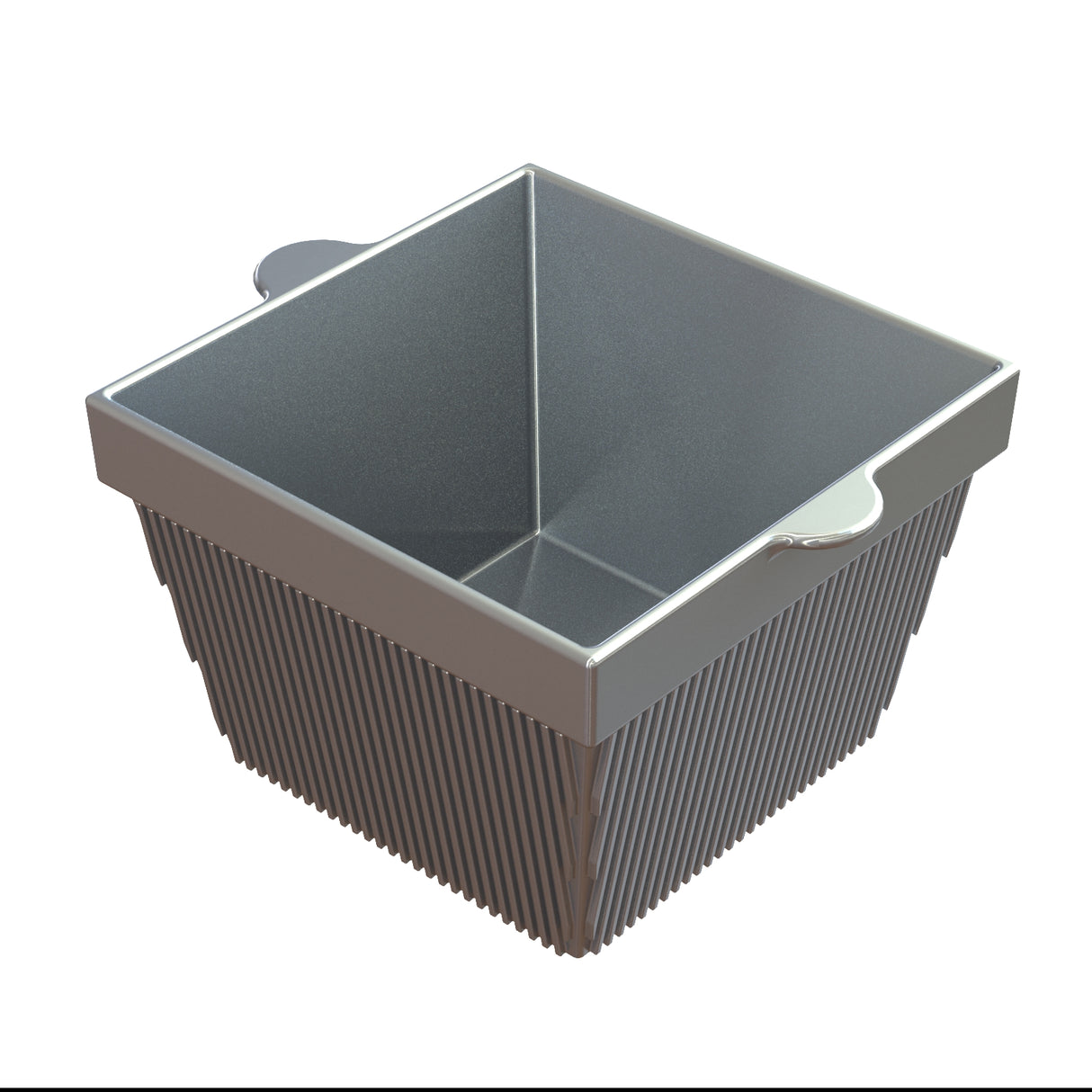 A square, gray, cast aluminum bowl with tapered sides and a ribbed exterior. It has smooth, flat handles on two opposite sides near the rim, and the interior is plain and metallic. The basket is empty and isolated on a white background.
