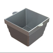 A square, gray, cast aluminum bowl with tapered sides and a ribbed exterior. It has smooth, flat handles on two opposite sides near the rim, and the interior is plain and metallic. The basket is empty and isolated on a white background.