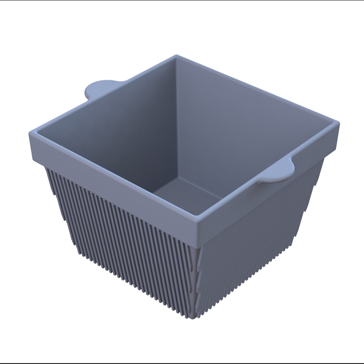A gray, square-shaped cast aluminum bowl with two small handles on opposite sides. The vertical ridges add texture, and the empty container is set against a plain white background.