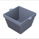 A gray, square-shaped cast aluminum bowl with two small handles on opposite sides. The vertical ridges add texture, and the empty container is set against a plain white background.