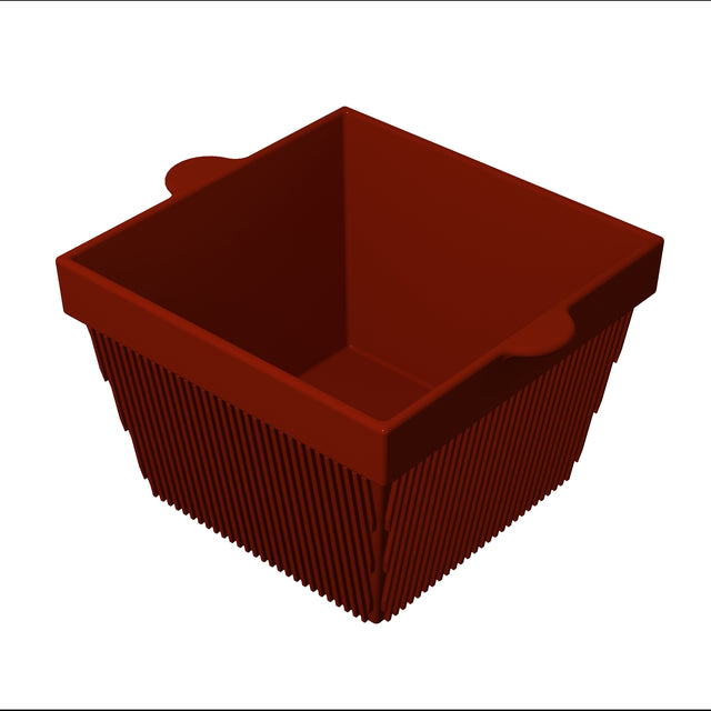 A brown, square-shaped cold holding bowl with two small tabs on opposite sides and vertical grooves along the outer sides, shown on a white background. The container appears to be made of plastic or silicone.