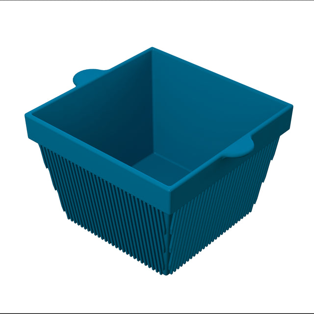 A blue, square-shaped silicone basket with vertical ridges on its sides and two small handles on opposite edges. This dishwasher safe bowl has an open top and is set against a plain white background.