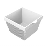 A white, square-shaped plastic basket with ribbed vertical sides and two small handles on opposite edges sits on a white background. NSF dishwasher safe, the basket’s smooth interior appears empty and clean.