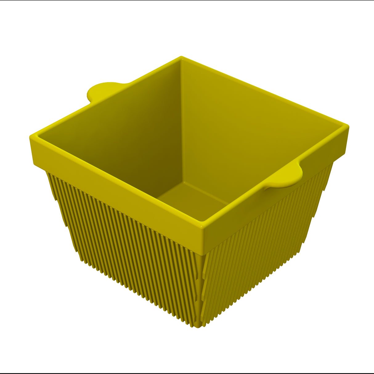A yellow, square-shaped plastic basket with two small side handles and vertical slats on the sides. This NSF dishwasher safe bowl is empty and shown at an angle against a plain white background.