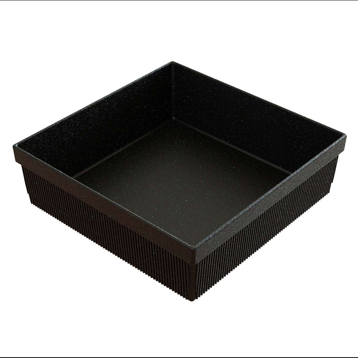 A black, square Duracoat coated cast aluminum baking pan with high straight sides and a textured, ribbed exterior. The smooth interior is seamlessly connected at the corners. The pan sits on a white background, photographed at a slight angle from above.