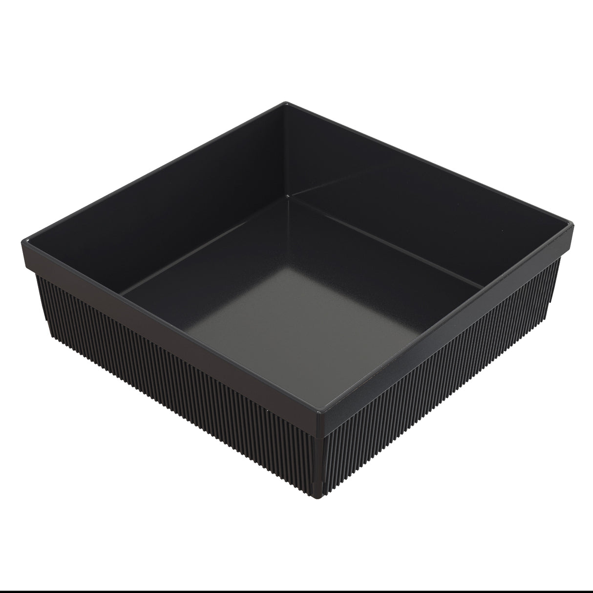 A black, square plastic tray with straight sides and a ribbed exterior pattern. The smooth, shiny interior and sharply defined edges make it perfect for cold holding bowl uses. The tray sits on a plain white background.