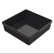 A black, square plastic tray with straight sides and a ribbed exterior pattern. The smooth, shiny interior and sharply defined edges make it perfect for cold holding bowl uses. The tray sits on a plain white background.