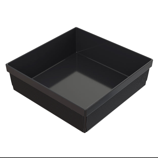 A black, square plastic tray with straight sides and a ribbed exterior pattern. The smooth, shiny interior and sharply defined edges make it perfect for cold holding bowl uses. The tray sits on a plain white background.
