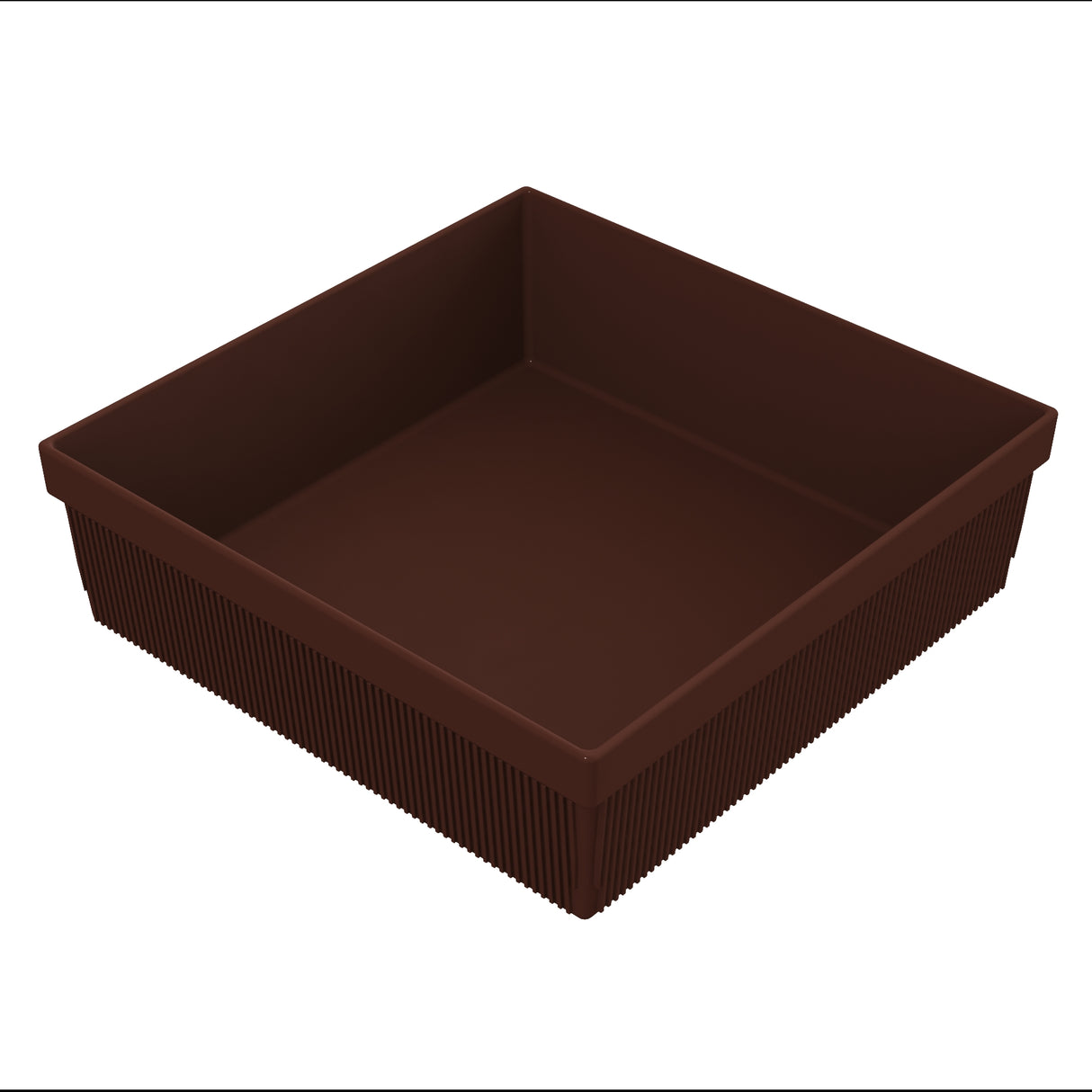 A square, dark brown, plastic cold holding bowl with straight sides and vertical ridges on the outer surface. The container is empty and placed on a plain white background, viewed from a slightly elevated angle.