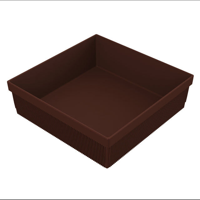 A square, dark brown, plastic cold holding bowl with straight sides and vertical ridges on the outer surface. The container is empty and placed on a plain white background, viewed from a slightly elevated angle.
