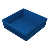 A square, deep blue plastic tray with straight sides and a textured, ribbed pattern along the lower edges, shown against a plain white background. Ideal as a cold holding bowl and dishwasher safe for easy cleaning, it’s angled to showcase the interior.