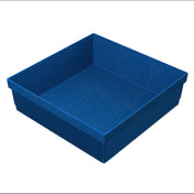 A square, deep blue plastic tray with straight sides and a textured, ribbed pattern along the lower edges, shown against a plain white background. Ideal as a cold holding bowl and dishwasher safe for easy cleaning, it’s angled to showcase the interior.