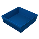 A blue, square, plastic tray with tall, straight sides and vertical ridges along the outer surface. This dishwasher safe tray is empty and shown on a white background, viewed from a slightly elevated angle to reveal its depth and corners.