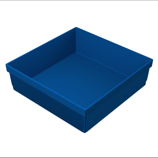 A blue, square, plastic tray with tall, straight sides and vertical ridges along the outer surface. This dishwasher safe tray is empty and shown on a white background, viewed from a slightly elevated angle to reveal its depth and corners.
