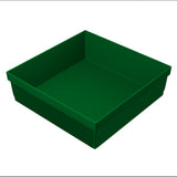 A deep, square green plastic tray with ribbed sides and a smooth bottom, similar in design to an NSF bowl, is shown isolated on a white background. Its tall, straight sides and sharply angled corners give it a sturdy, box-like appearance.