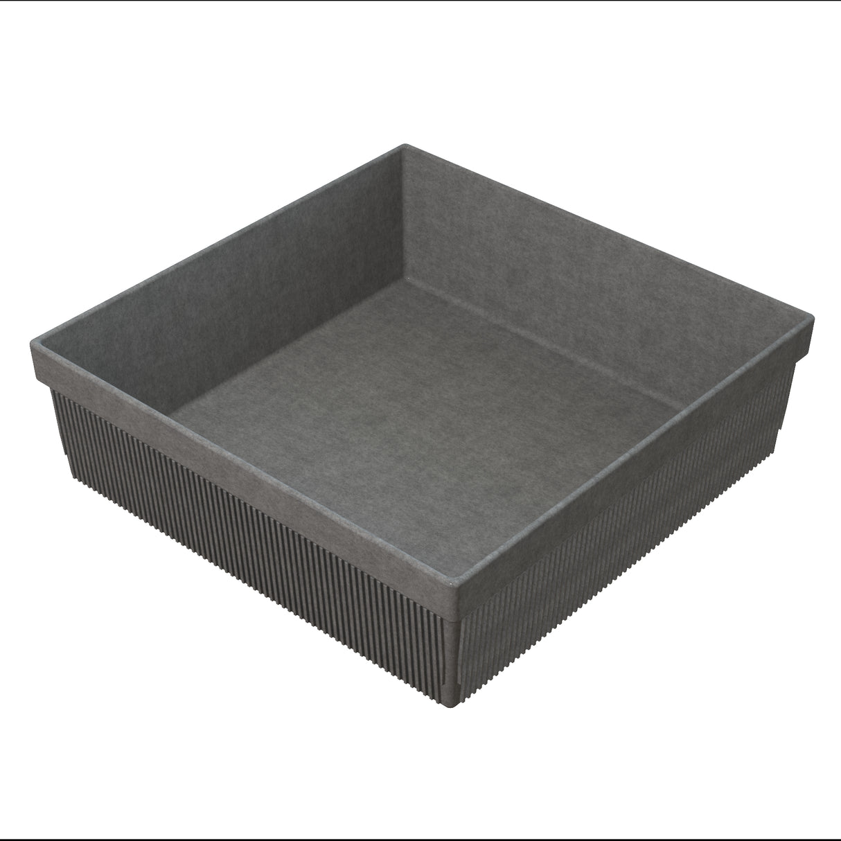 A square, gray, paper baking mold with straight, ribbed sides and a flat base. Its slightly rough texture is similar to that of a cold holding bowl, and the empty mold is viewed at an angle to show interior and exterior details.