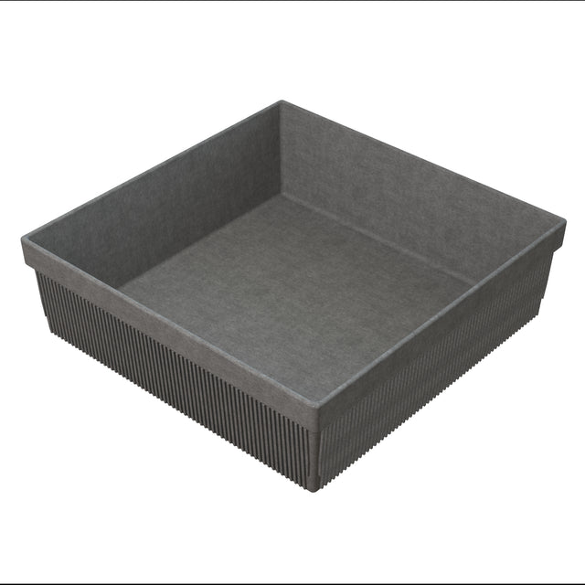 A square, gray, paper baking mold with straight, ribbed sides and a flat base. Its slightly rough texture is similar to that of a cold holding bowl, and the empty mold is viewed at an angle to show interior and exterior details.
