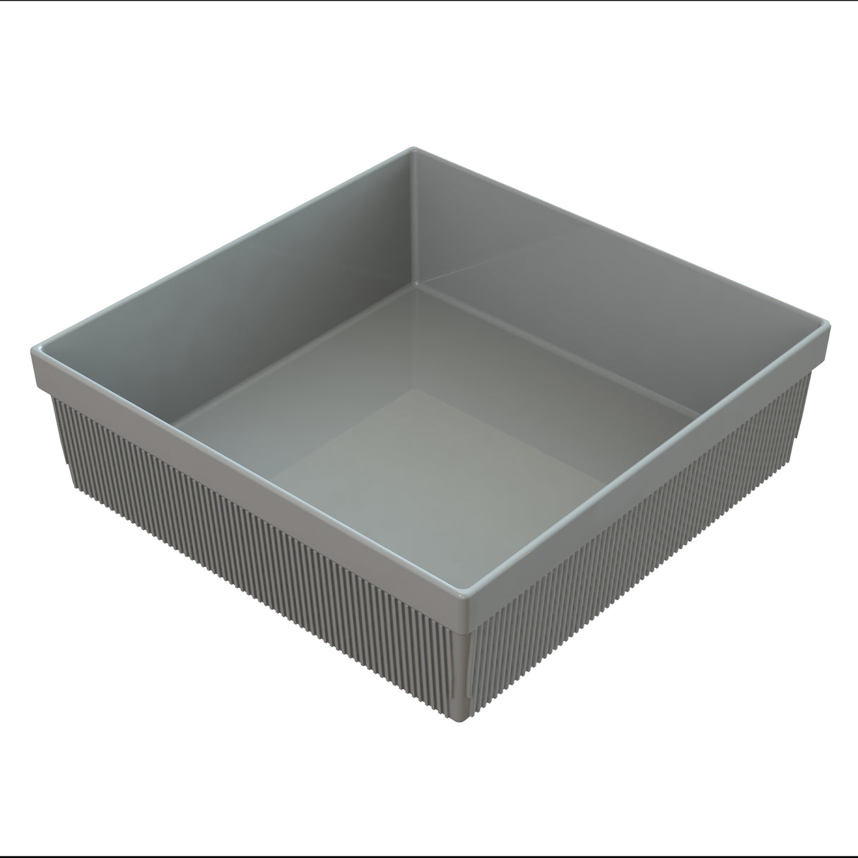A square, shallow gray plastic tray with ribbed sides and smooth interior, shown on a white background. This sturdy, dishwasher safe bowl is ideal for storage, serving, or organizing items at home or in commercial settings.