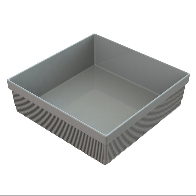 A square, shallow gray plastic tray with ribbed sides and smooth interior, shown on a white background. This sturdy, dishwasher safe bowl is ideal for storage, serving, or organizing items at home or in commercial settings.