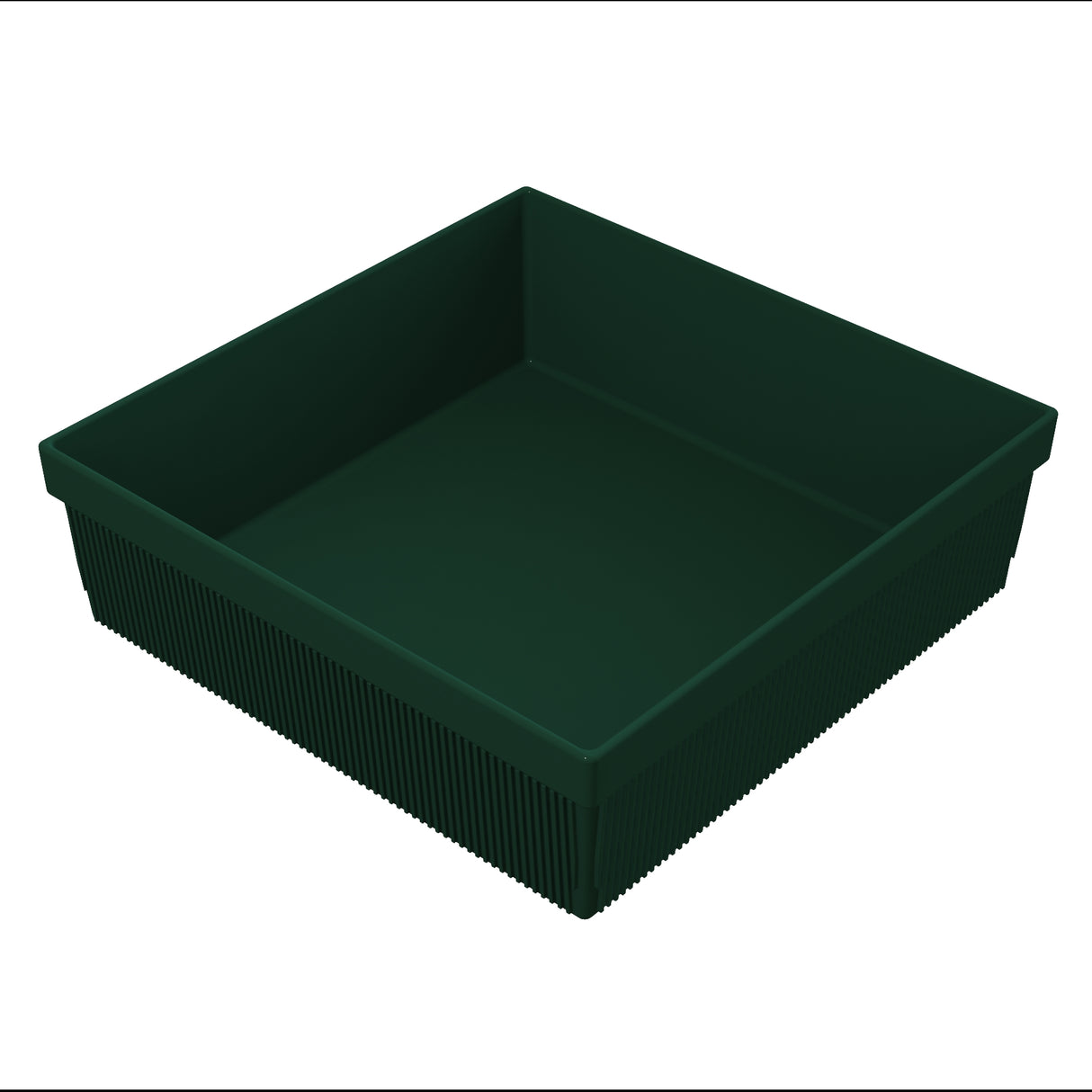 A dark green, square plastic plant tray with high sides and fine vertical ridges along the outer surface. The tray is empty, shown at an angle on a plain white background, with depth and texture similar to a cold holding bowl.