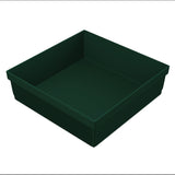 A dark green, square plastic plant tray with high sides and fine vertical ridges along the outer surface. The tray is empty, shown at an angle on a plain white background, with depth and texture similar to a cold holding bowl.