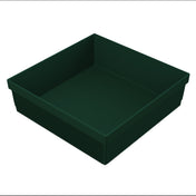 A dark green, square plastic plant tray with high sides and fine vertical ridges along the outer surface. The tray is empty, shown at an angle on a plain white background, with depth and texture similar to a cold holding bowl.
